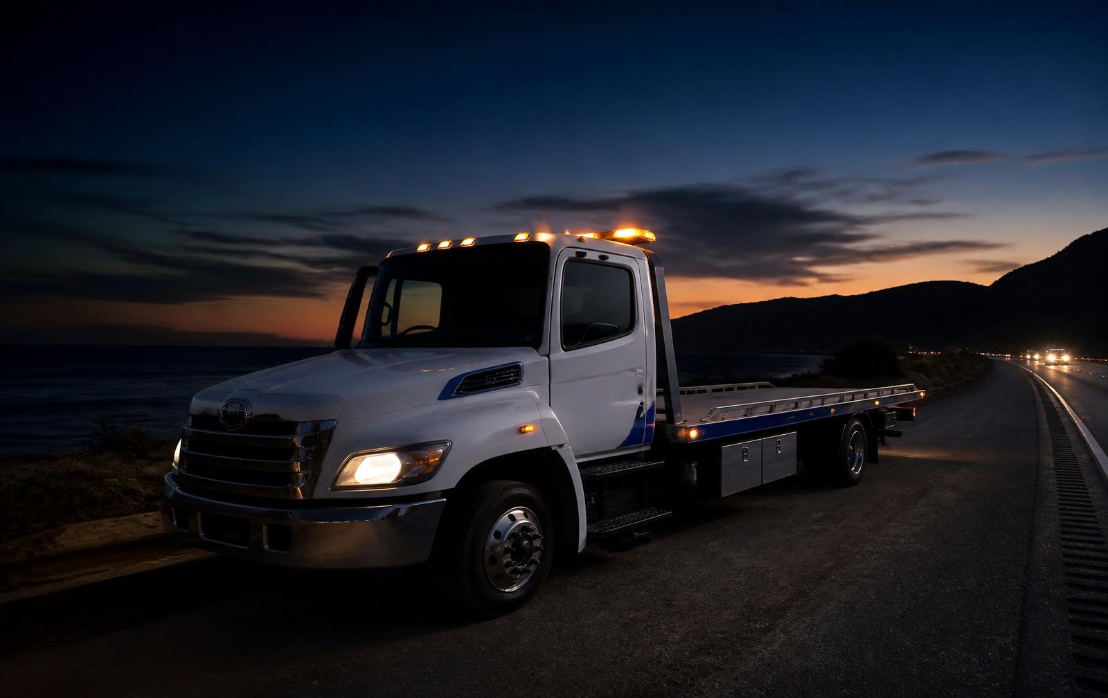 Flatbed tow truck on a Fresno highway shoulder at dusk