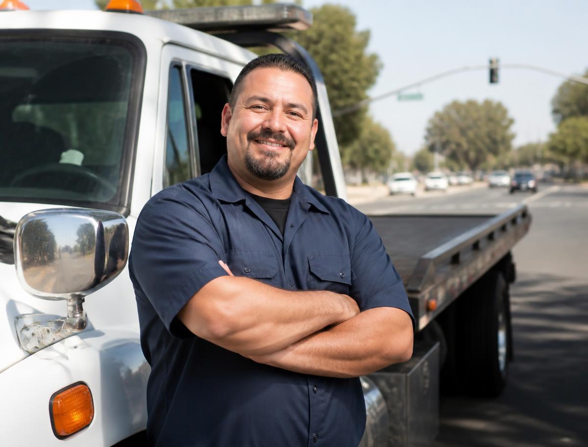 Fresno Freeway Towing driver standing beside a flatbed tow truck