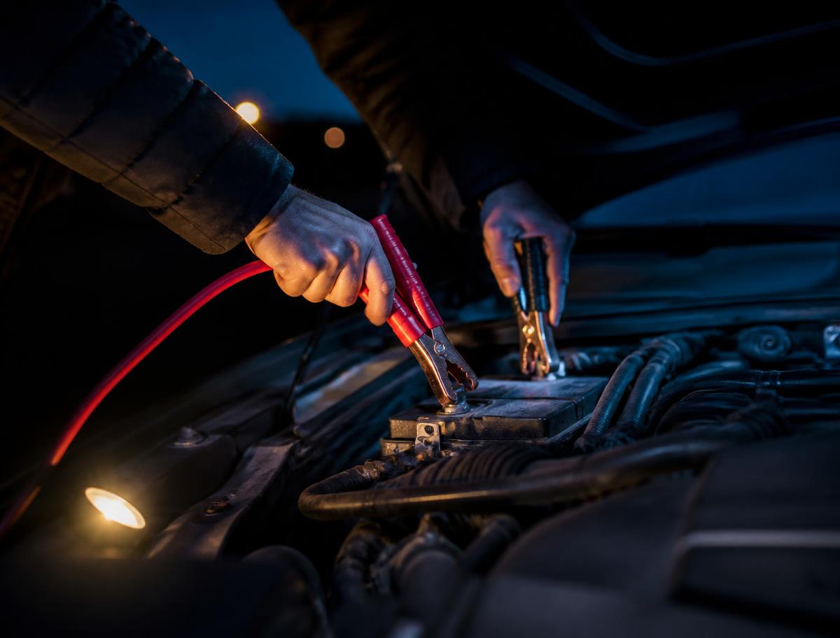 Technician jump starting a car battery at night